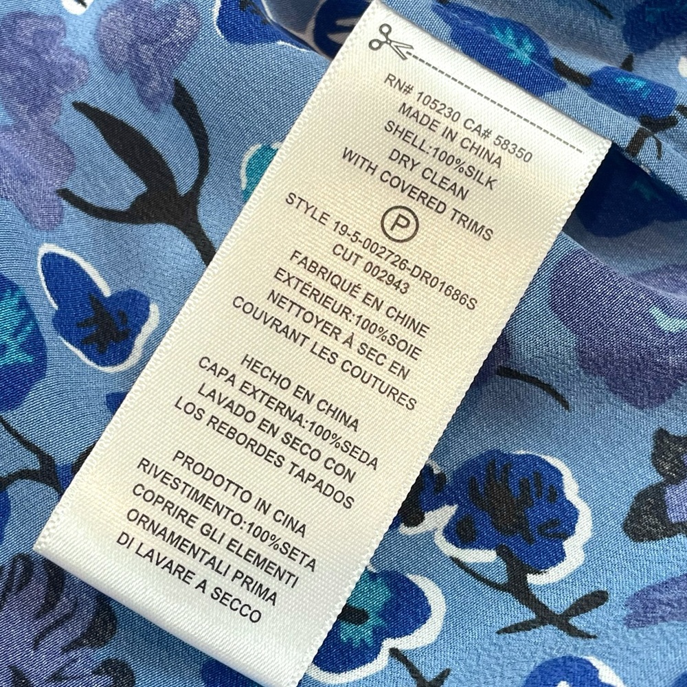 EQUIPMENT • Femme Rosalee Blue Floral Printed Long Sleeve Silk Mini Dress, XS - Picture 13 of 16